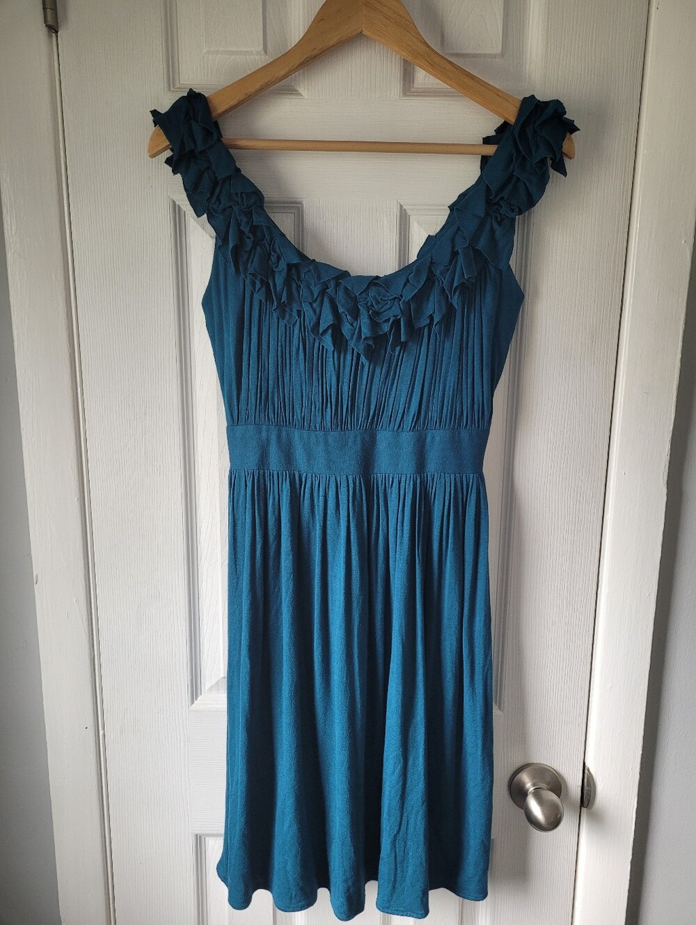 Carol Hannah Teal Ruffle Empire Waist Dress Small Rare Designer Boho Romantic